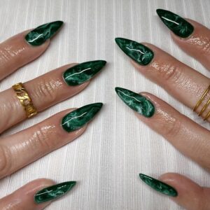 Glossy Green Marble Almond Press On Nails Short 24PCS