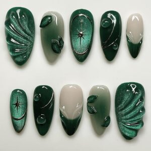 Dark Green French Tip Press On Nails Almond 3D Silver 24 Pcs