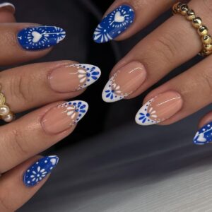 Blue French Tip Flower Heart Press On Nails Short Almond