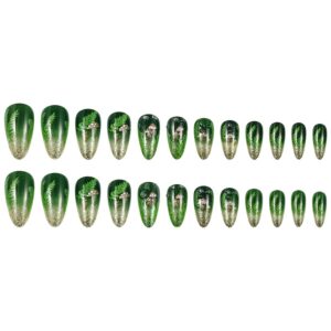 Medium Almond Green Jade Press On Nails Gold Glitter 24PCS