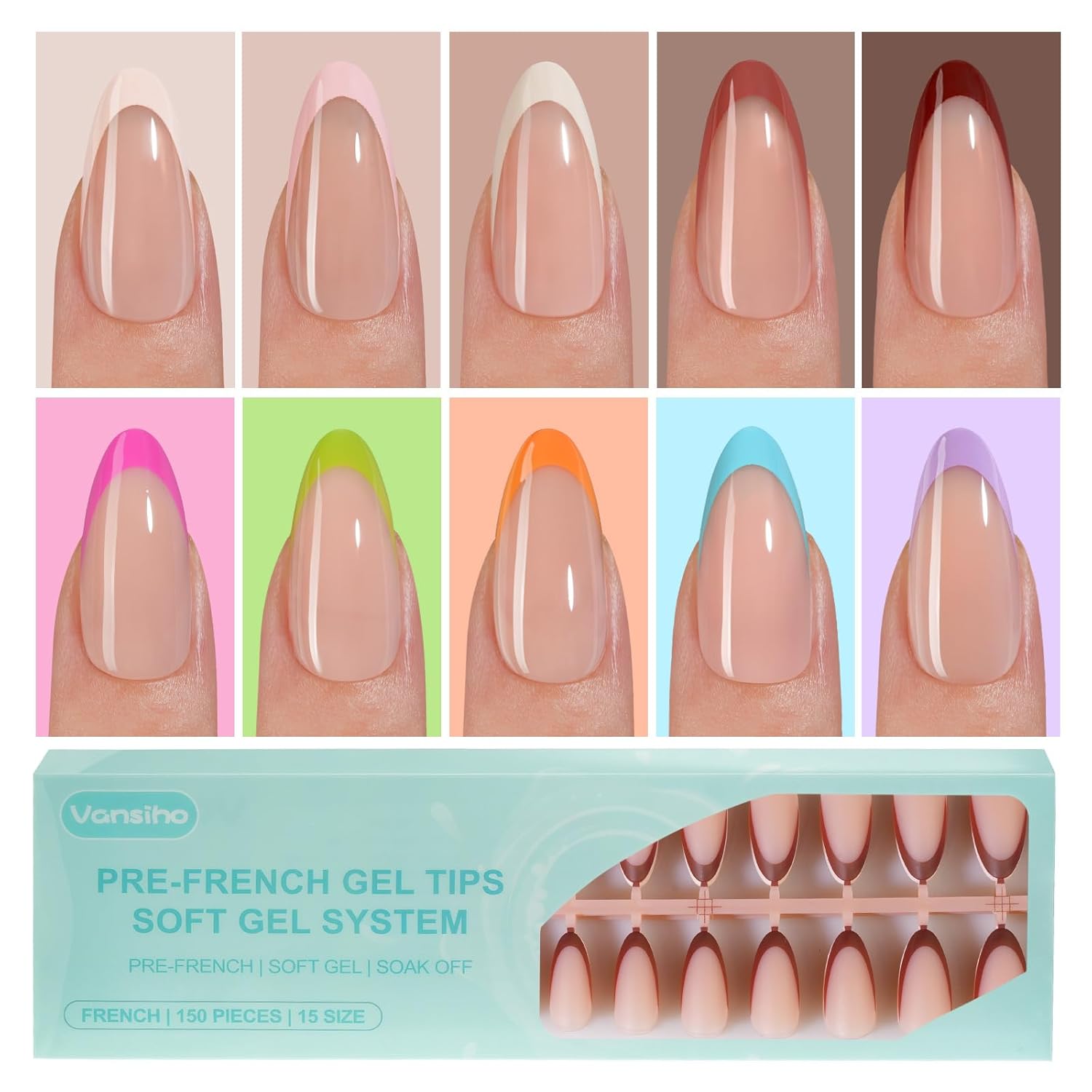 71sBRPzP+FL._SL1500_ 300Pcs French Gel Nail Tips Almond, Vansiho Medium Nail Tips, Pre-French Tips Press on Nails, Acrylic Fake Nails for Nail Art DIY 15 Sizes