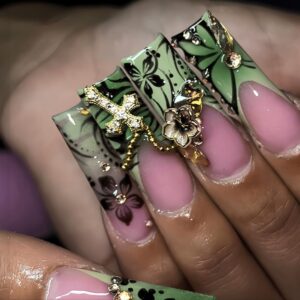 Green French Tip Press On Nails Long Coffin Square 24 Pcs