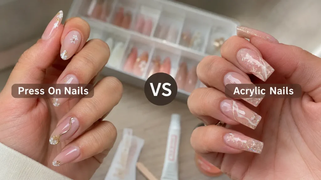 Press On Nails vs Acrylic Nails – Which One is Better You want nails that look good and last. The problem is that acrylic nails and press on nails both promise exactly that, and nobody clearly explains where one wins and the other falls short. This guide breaks down the real differences so you can pick the right option for your lifestyle, budget, and how much time you actually want to spend on your nails. What Are Press On Nails Press on nails are pre-shaped false nails that attach to the natural nail using nail glue or adhesive tabs. They come in full cover and half cover designs, across every shape and length short almond, medium square, long coffin, French tip, and more. Modern Press On Nails are not what they were five years ago. Full cover acrylic press on nails, soft gel press on nails, and reusable press on nails have closed the gap between at-home application and salon results significantly. The material, sizing, and adhesive quality across current kits make two weeks of wear achievable without any professional help. What Are Acrylic Nails Acrylic nails are used by a professional technologist and are a mixture of liquid and powder that is applied directly to the natural nail or to a nail tip. This makes the mixture set into a firm coating which can be flattened, shaved and painted. It is done in a salon and must be used by a trained nail tech. Acrylic press on nails are different. They use acrylic as the material for the false nail shell, but the application method is the same as any other press on nail glue or adhesive tabs at home. When most people compare press on nails vs acrylic nails, they are comparing at-home press ons against salon acrylics. That is the comparison this article covers. Press On Nails vs Acrylic Nails Head to Head Press On Nails Salon Acrylic Nails Cost Low High Application Time 10 to 15 mins at home 1 to 2 hours at salon Durability 1 to 2 weeks 3 to 4 weeks Natural Nail Damage Minimal with correct removal Higher risk from filing and chemicals Removal Warm water soak at home Requires acetone and filing at salon Skill Required None Professional technician Reusable Yes No Design Options Wide — pre-designed sets available Custom but limited by technician skill Where Press On Nails Win Cost. A full press on a nail kit with glue costs a fraction of a single salon acrylic appointment. For anyone who changes nail designs frequently, press on nails makes that financially realistic. Time. Home vs. salon, plus travel time, plus waiting time: 10 to 15 minutes. Press on nails fit into an actual schedule for daily wear, regular design changes, and that salon acrylics cannot. Natural nail health. Press on nails causes damage through removal, not through the wear itself. Remove them correctly soak in warm water, let them lift on their own — and the natural nail stays intact. Salon acrylics require filing the natural nail surface before application and acetone soaking during removal, both of which weaken the nail over repeated visits. Reusability. A good press on a nail set, removed carefully, gets three to five wears. Salon acrylics are a single-use service. Summer wear. Short acrylic press on nails in summer are practical in a way salon acrylics are not — you can swap designs for a beach day, a holiday event, or a festival without booking an appointment or paying for a removal service. Summer acrylic nails in press on format give you the look without the commitment. Where Salon Acrylic Nails Win Durability. Salon acrylics bond directly to the natural nail surface through a chemical process. With fills every two to three weeks, a set can last months. Press on nails top out at two weeks under the best conditions. Length and structure. Salon acrylics can build significant length and thickness that press on nails cannot replicate. If you want extreme length, dramatic nail art, or heavy 3D extensions, a salon technician is the only option. Seamless finish. A skilled nail tech produces a finish with no visible seam between the false nail and the natural nail. Even the best press on sets have a slight cuticle line that a close inspection picks up. Acrylic Press On Nails — Best of Both Worlds Acrylic press on nails sit in the middle of this comparison. They use acrylic as the shell material which gives the rigidity, durability, and shape retention of salon-quality acrylic but apply at home in minutes with nail glue. Short acrylic press on nails in almond or square shapes are currently the most popular format because the material holds up through daily activities without flexing or lifting the way soft gel alternatives sometimes do.One of the most popular tips for Acrylic Nails is their French nail tip, which is made of a rigid material that will not droop. An acrylic nail kit is fairly complete, and it provides you with all of the tools you need to obtain a salon-like finish without even leaving the house: the kit contains various sizes and types of acrylic nails, dual adhesives, and a nail file. That's what has made acrylic press on nails the bestseller in the nail category on Amazon during the previous year. How to Remove Press On Nails vs Acrylic Nails Removing press on nails is straightforward. Soak the hand in warm water with a small amount of cuticle oil for 10 to 15 minutes. The nails lift on their own without resistance. No filing, no acetone, no damage to the natural nail when done correctly. Removing acrylic nails requires acetone soaking for 20 to 30 minutes or filing the acrylic layer down manually. Press on removal is less involved than either of these methods and both are more likely to cause thinning of the natural nail with repeated application. To remove acrylic nails at home without harm, a person can gently file the upper layer of acrylic to break the seal, dip cotton pads into acetone, wrap each finger in foil and leave it for 20–30 minutes, then carefully push the acrylic off. Never pull or pry. How Long Do Acrylic Nails Last vs Press On Nails Salon acrylics last three to four weeks before requiring a fill, and the base set can last months with maintenance. Press on nails with nail glue last one to two weeks depending on prep quality, adhesive choice, and daily activities. The honest answer to how long do acrylic nails last versus press on nails is this: salon acrylics last longer, but press on nails are removable, reusable, and changeable on your own schedule. For most women who do not want a standing salon appointment, press on nails deliver more flexibility for the time and cost involved. Which One is Actually Better Press-on nails are the best choice for those who need their nails to be flexible in terms of design, cost, and health of their nails. Press-on nails last shorter than salon acrylics, but they can be easily changed up at home, use sets and can be easily removed without damaging your nails, making it a very convenient nail choice for everyday use. Salon acrylics can be a great option when you are in search of the longest-lasting one set without having to replace it or the length and shape that press-on does not offer. For the middle ground acrylic press on nails give you the durability of acrylic material with the convenience of at-home application. That combination is why they consistently outperform other press on types in long-term wear tests. Looking to elevate your press on nail look? Add Nail Charms to any press on set for a custom designed finish every charm and press on nail kit at Nail Perk links directly to its verified Amazon listing. FAQs Are press on nails better than acrylic nails? For flexibility, cost, and natural nail health, press on nails are the better choice for most daily wear situations. Salon acrylics last longer but require professional application and removal. How long do acrylic press on nails last? Acrylic press on nails last one to two weeks with proper prep and nail glue application. Adhesive tabs reduce wear time to two to five days. Do press on nails damage nails more than acrylics? No. Salon acrylics carry a higher damage risk because of the filing required before application and the acetone needed for removal. Press on nails causes minimal damage when removed correctly with warm water soaking. Can you reuse press on nails? Yes. A set removed carefully with warm water gets three to five wears before the material shows enough wear to affect the fit. Are short acrylic nails better for daily wear? Short acrylic press on nails in almond or square shape are the most practical option for daily wear durable enough to handle everyday activities without lifting or breaking. If your press on nails keep falling off before the two week mark, read our guide on why press on nails fall off and how to fix it before your next application: https://nailperk.com/why-your-press-on-nails-keep-falling-off/