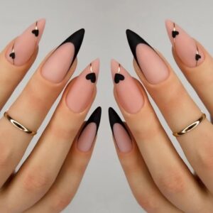 Black French Tip Press On Nails Almond Gold Heart 24 Pcs