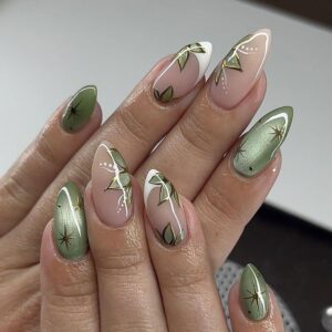 Nude Green Gradient Press On Nails Almond Gold Leaf Flower 24