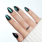 Dark Green Cat Eye Press On Nails Almond 32 Pcs 16 Sizes