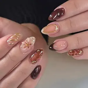 Nude Brown Almond Press On Nails 3D Flower Gold Line 30PCS