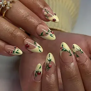 Short Almond Yellow French Tip Press On Nails Ladybug 24PCS
