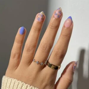 Blue Floral Acrylic Press On Nails Short Almond 24PCS