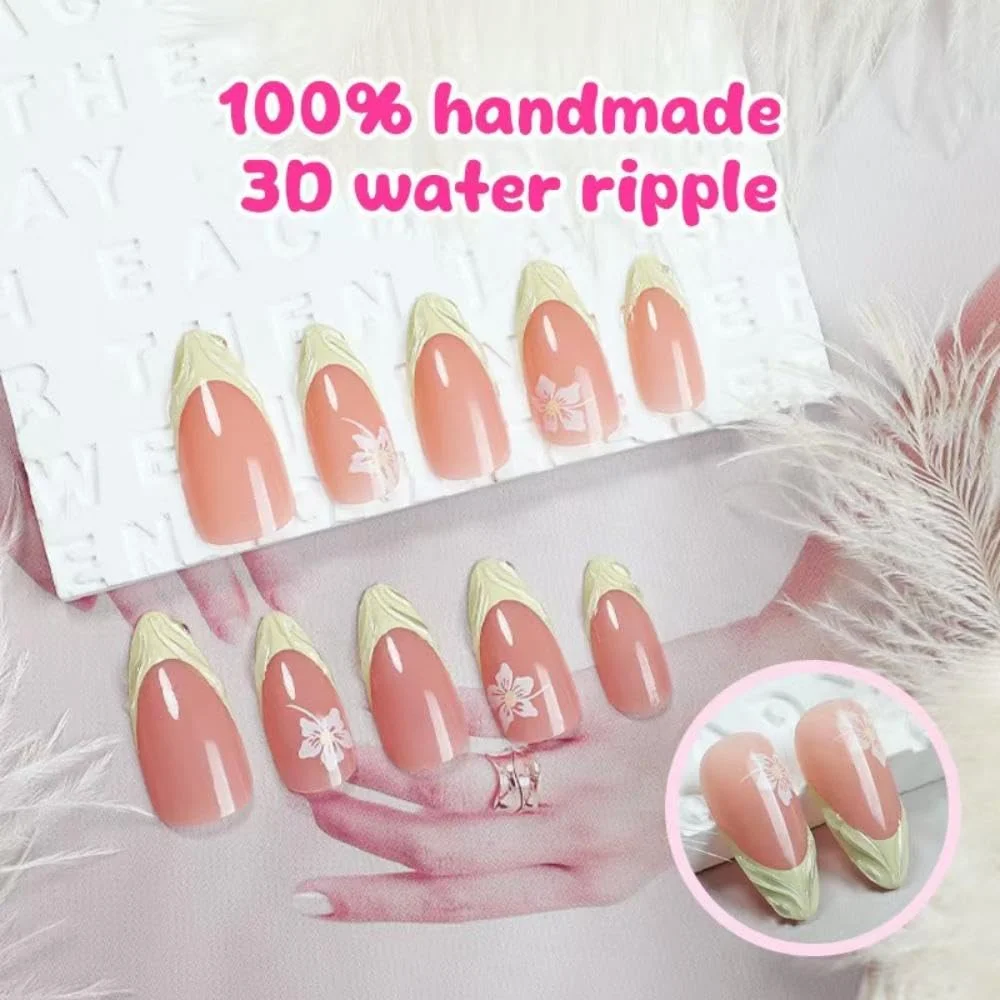 Green Almond Press On Nails White 3D Flower Nude 24 Pcs
