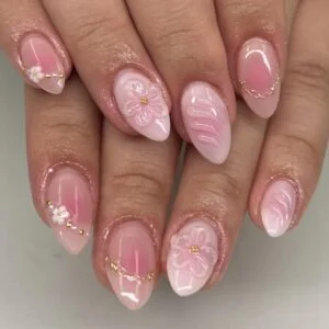 3D Flower Press On Nails Short Almond Pink Ombre 24PCS