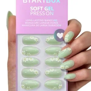 BTArtbox 3D Flower Pastel Green Almond Press On Nails 32PCS
