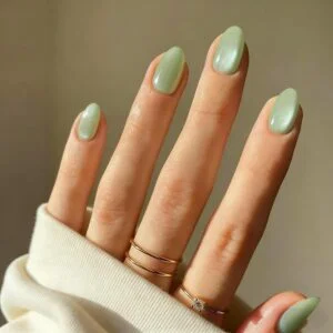 Cat Eye Pastel Green Press On Nails Short Oval 30 Pcs Chrome