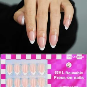 Glossy French Almond Gel Press On Nails Short 32PCS