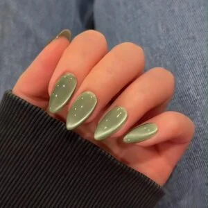 Cat Eye Sage Green Press On Nails Almond 30 Pcs Glitter