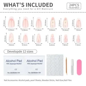 Almond French Press On Nails White Petal Gold Line 24PCS