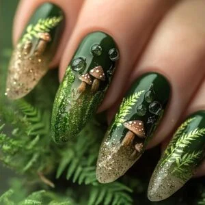 Gradient Green Glitter Press On Nails Mushroom Almond 24PCS