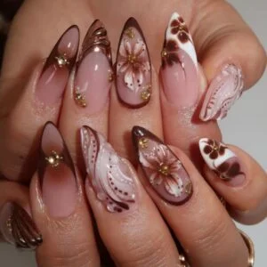 Brown Almond Press On Nails 5D Flower Rhinestone 24 Pcs