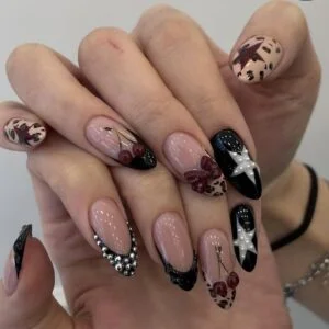 Brown Tortoise Press On Nails Almond 5D Rhinestone 24 Pcs