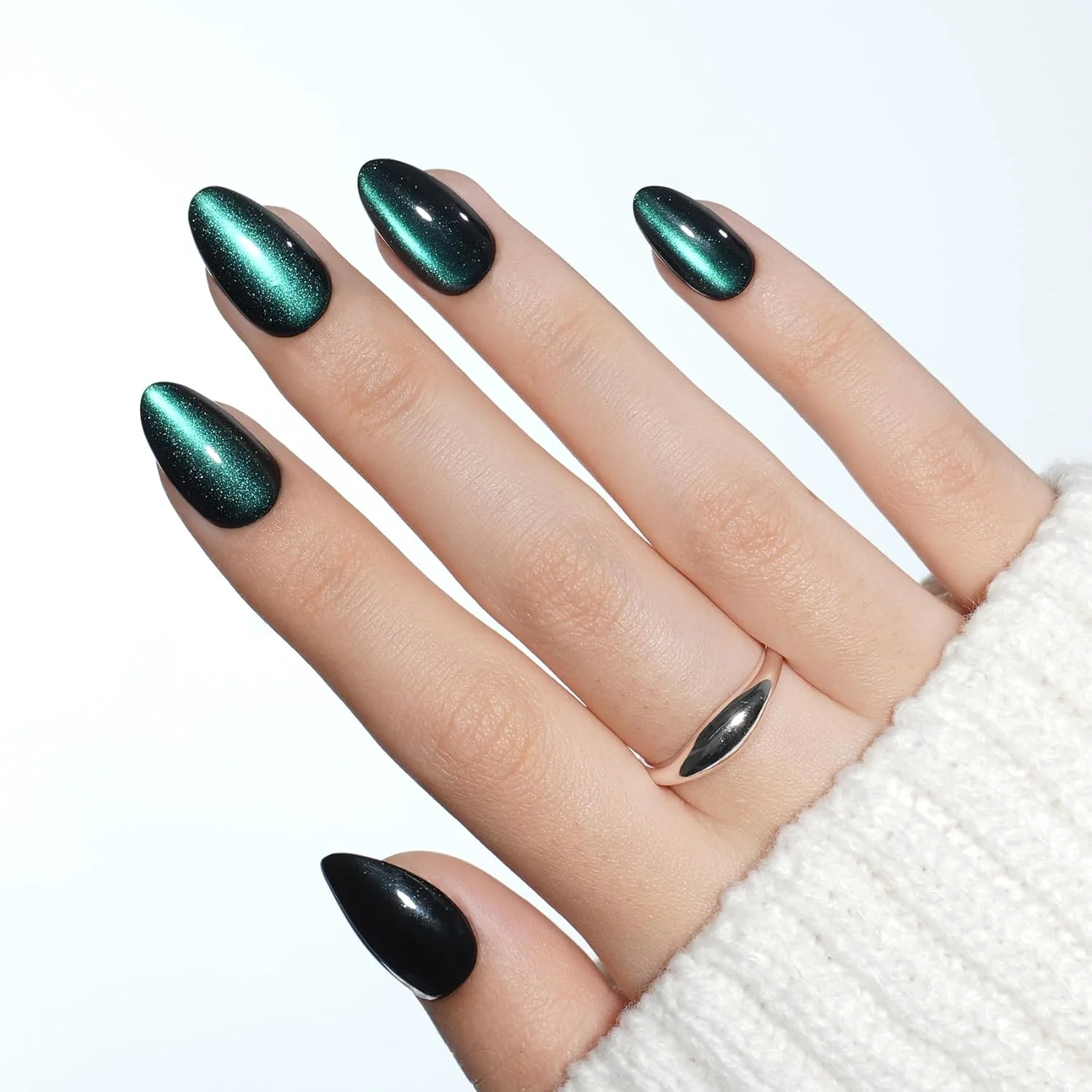 Dark Green Cat Eye Press On Nails Almond 32 Pcs 16 Sizes